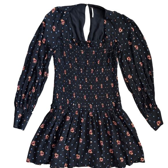 Free‎ People Two Faces Smocked Printed Mini Dress Black Combo Size Large - Picture 6 of 12
